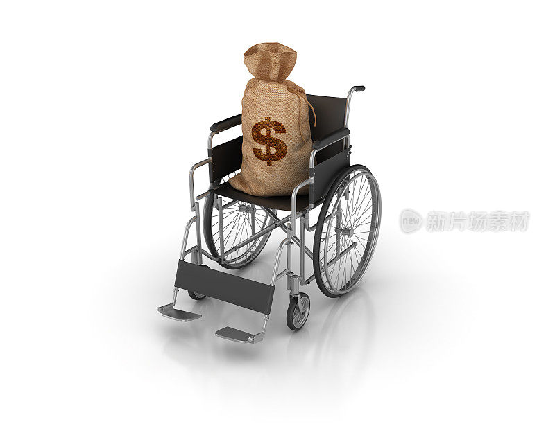 轮椅与金钱袋- 3D渲染